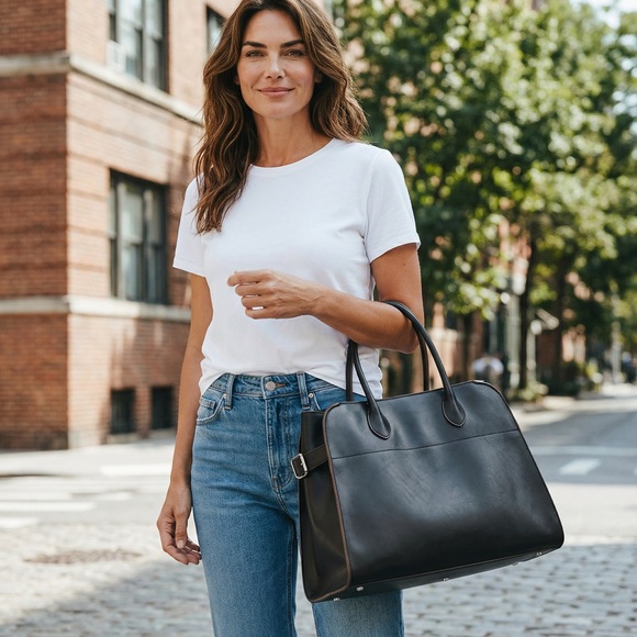 Black Vegan Leather Work Satchel Structured Tote Bag New - Picture 2 of 5